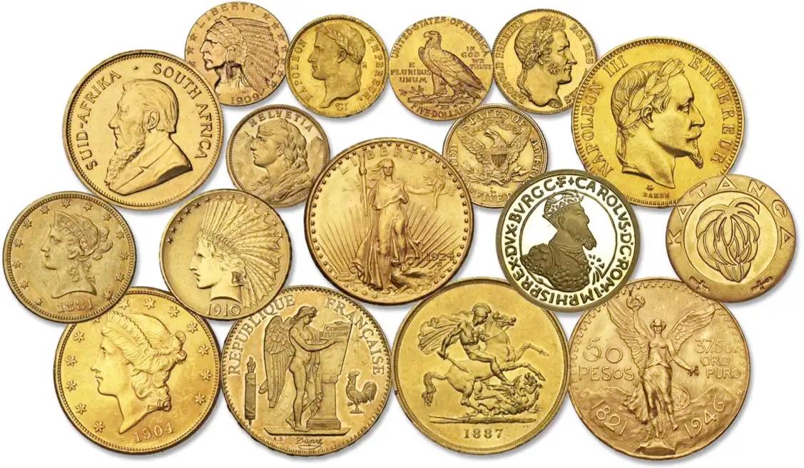 Collection de pièces d'or internationales : Krugerrand, Eagle, Napoléon, Souverain, Centenario